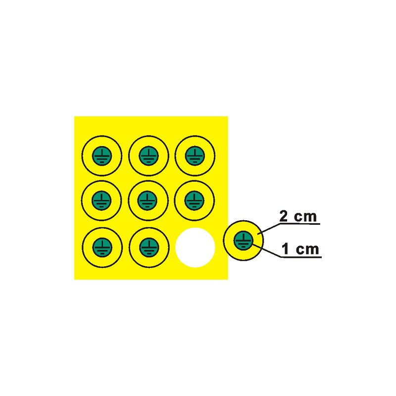 Znak uzemnění v kruhu, průměr 2cm, žlutý podklad, zelené mezikruží, prům. 1cm Znak uzemnění v kruhu, průměr 2cm, žlutý podklad, zelené mezikruží, prům. 1cm
