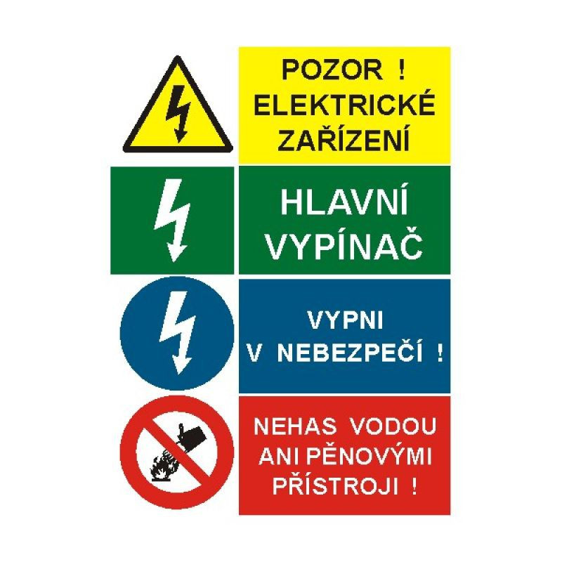 Pozor ! Elektrické zařízení / Hlavní vypínač / Vypni v nebezpečí ! / Nehas vodou ani pěnovými přístroji